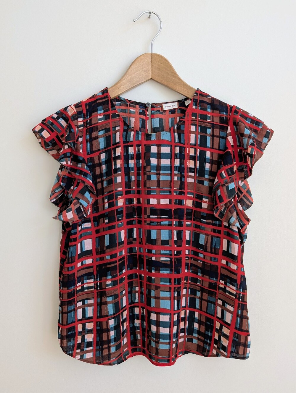 Sunday Best Aritzia Abstract Windowpane Red Sleeveless Ruffle Blouse Top Small